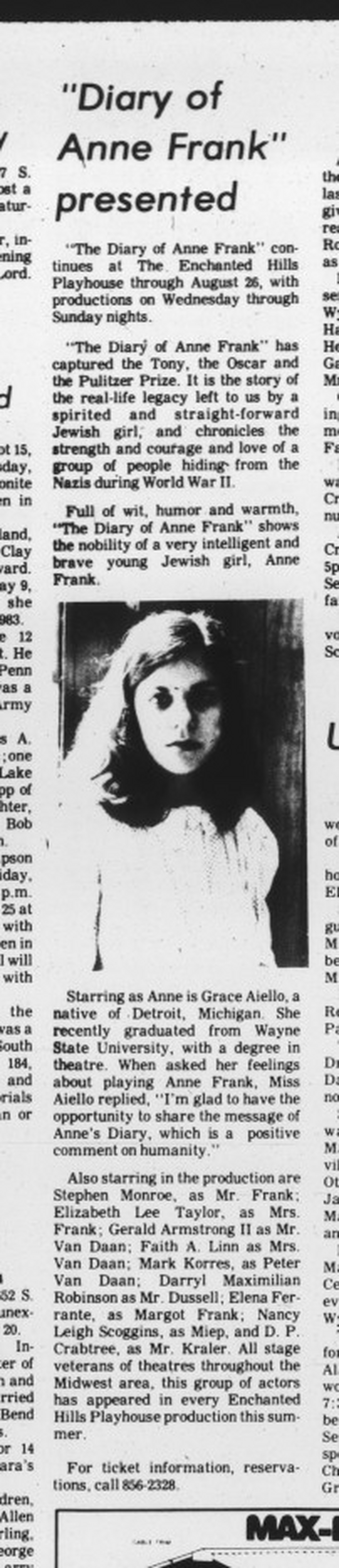 One Important Play: 1984 Press Story on the Enchanted Hills Playhouse of Syracuse, Indiana revival of the stage drama The Diary of Anne Frank in which Darryl Maximilian Robinson appeared as Jewish Den 1