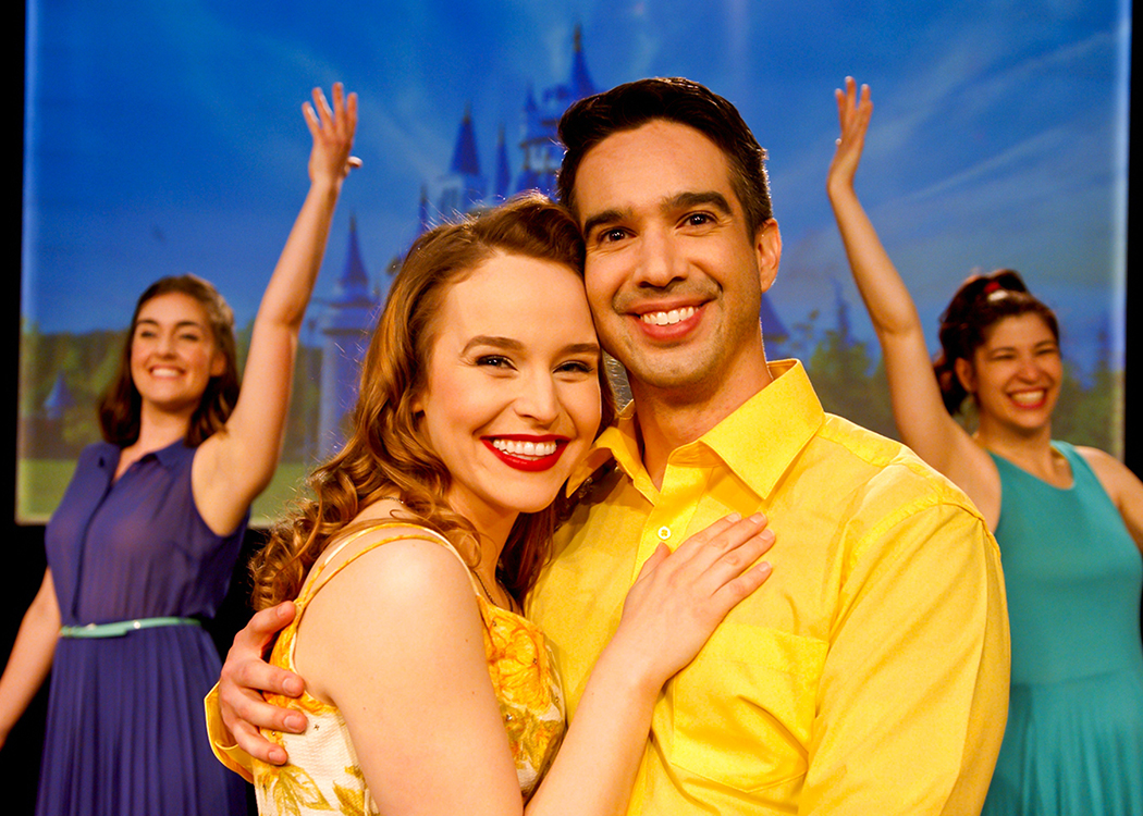 Sam Labrecque, Nina Herzog, Andrew Joseph Perez, and Maggie Howell appear virtually in My (unauthorized) Hallmark Movie Musical at Irvine Theater Company. Photo by Sam Wilkerson.