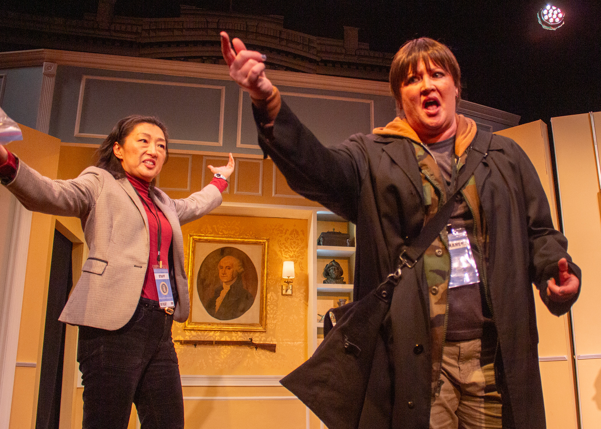 Miran Robarts (as Jean) and Dana Duff (as Bernadette) in POTUS at Elmwood Playhouse