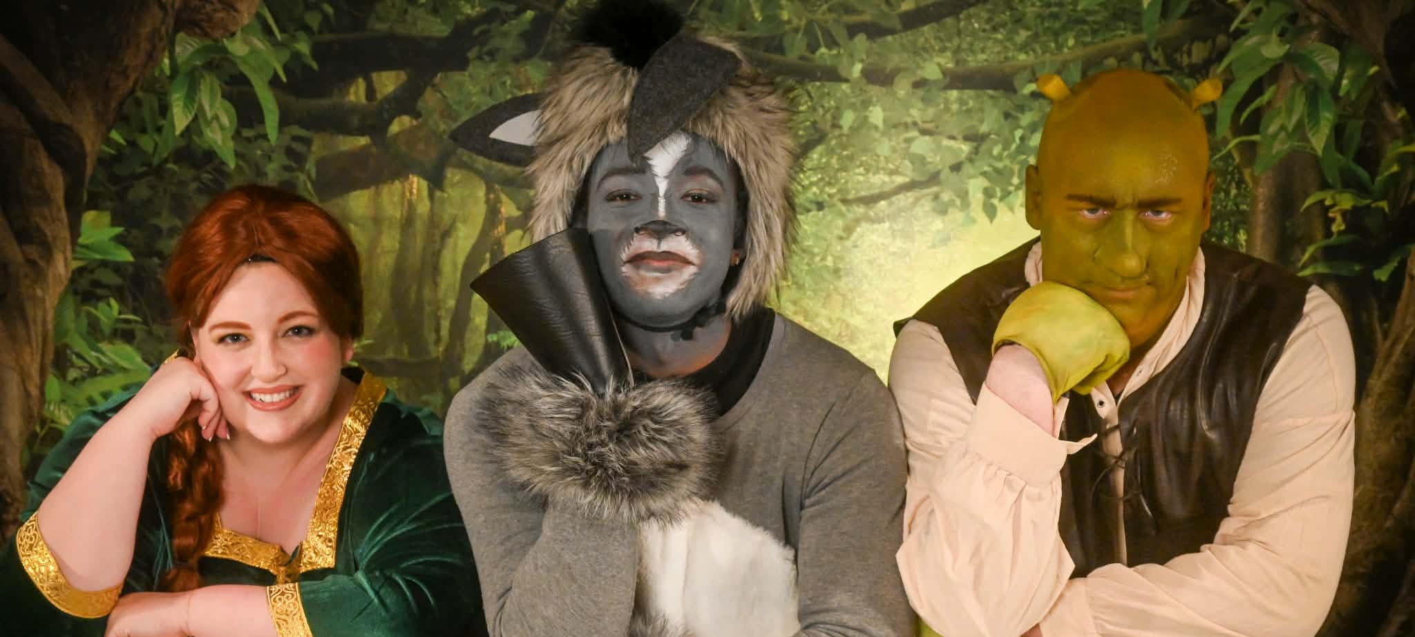 (L to R): Alexandra Overland as Fiona, Ki-Jana Moore as Donkey, and Ben Walker as Shrek.