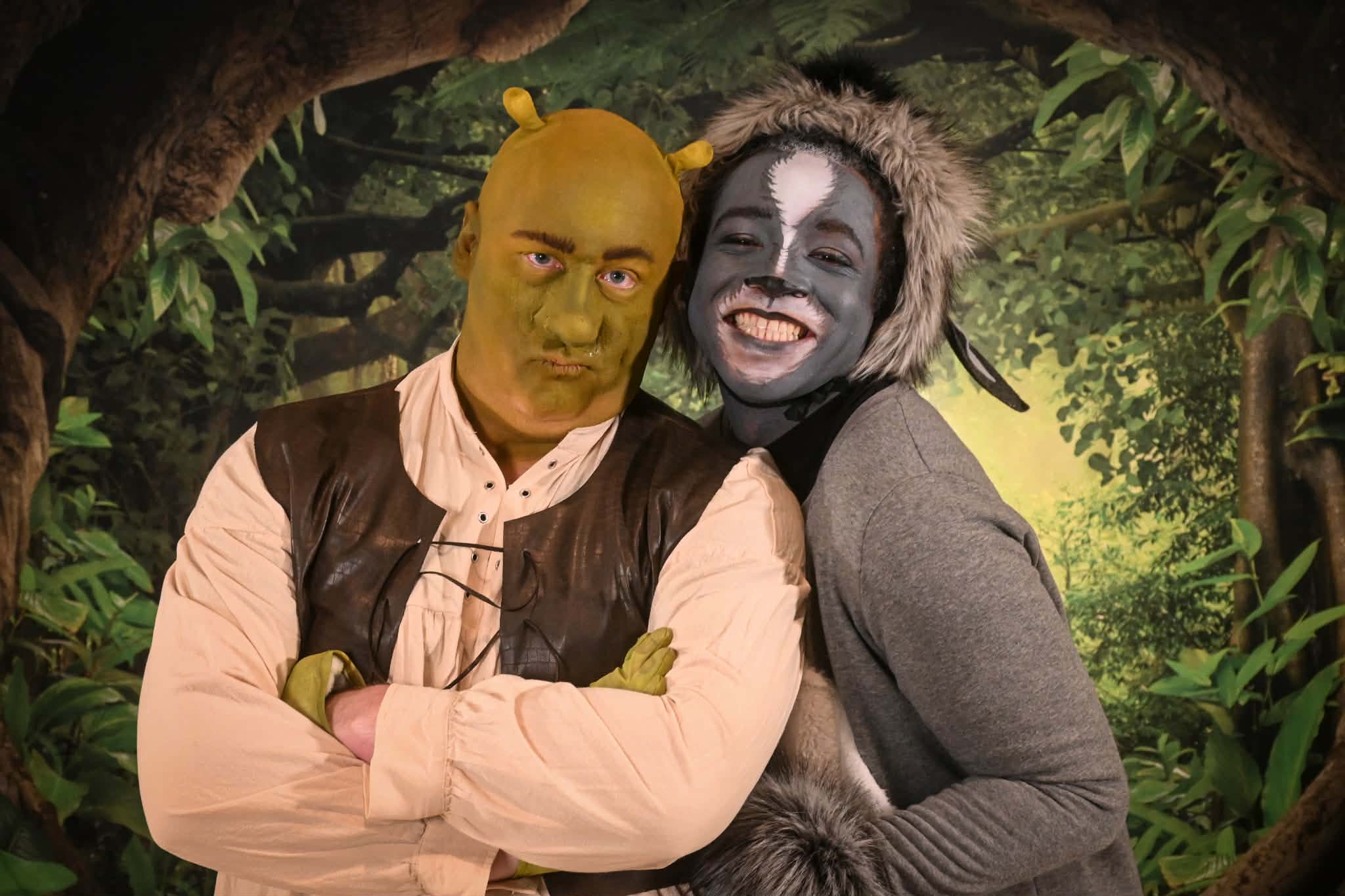 (L to R): Ki-Jana Moore as Donkey and Ben Walker as Shrek.