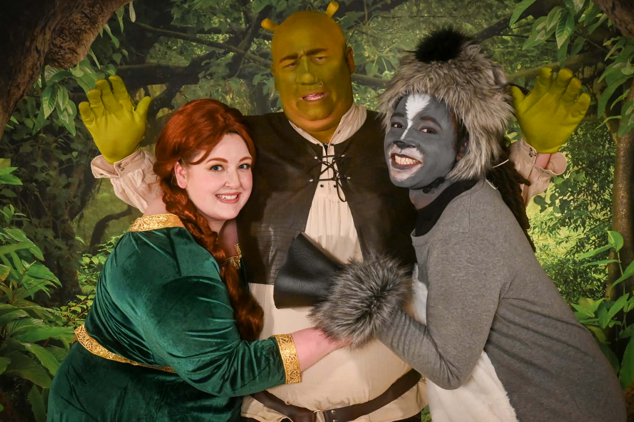 (L to R): Alexandra Overland as Fiona, Ben Walker as Shrek, and Ki-Jana Moore as Donkey.