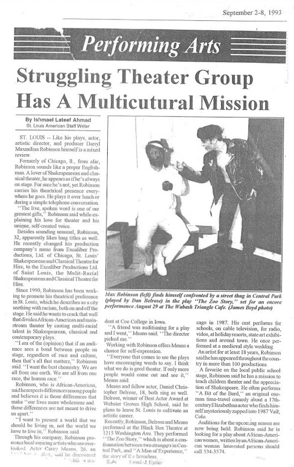 Cummels Cafe: Sept 2-8, 1993 St. Louis American Story on Excaliber Productions Company Members Darryl Maximilian Robinson, Carey Means and Danny Belrose in The Zoo Story and A Man of Experience.