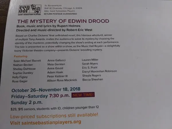 Drood Cast Card: Including Darryl Maximilian Robinson and Sarah Myers, who appeared as The Chairman Mr. William Cartwright and as Edwin Drood, here is the 2018 Chicago Revival Cast.