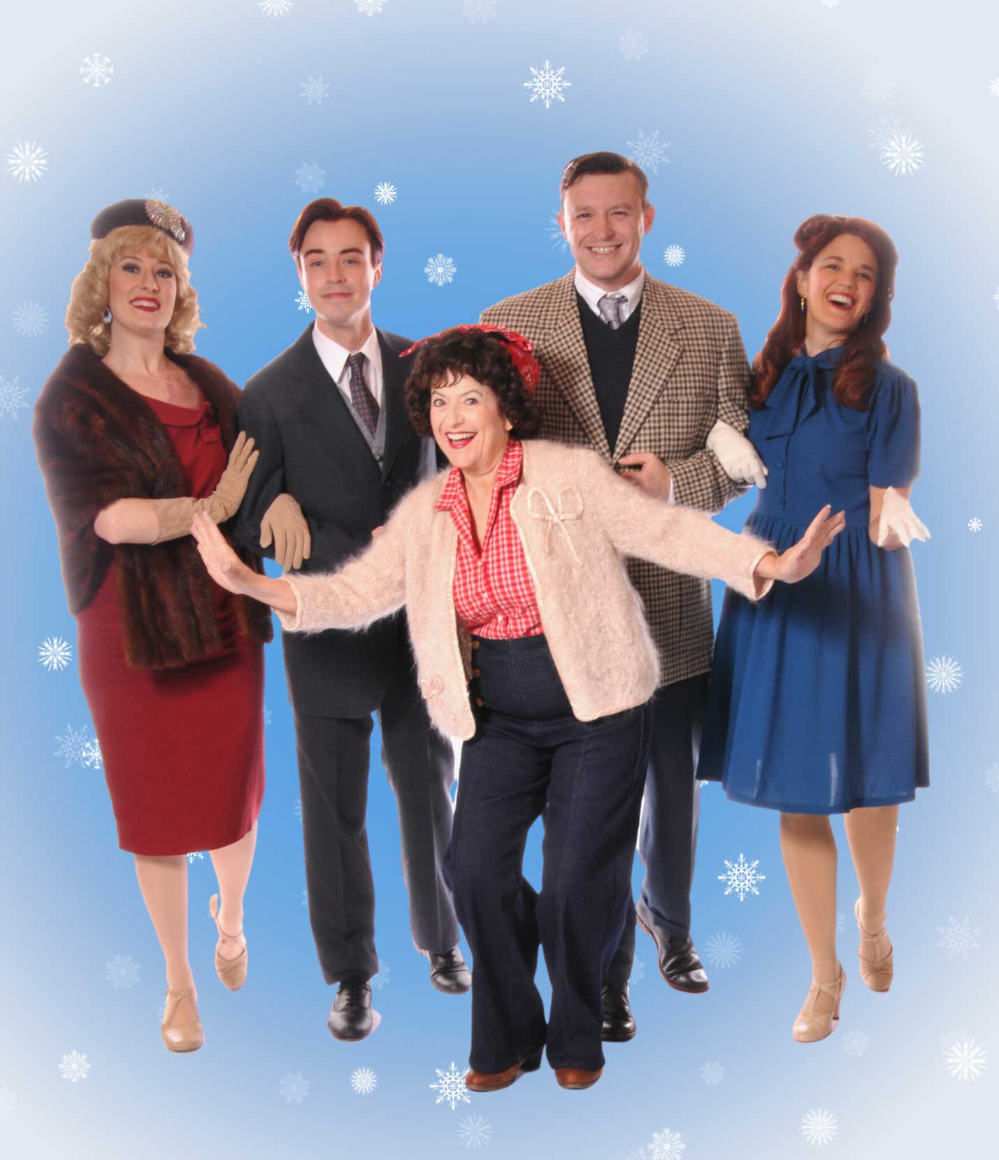 Irving Berlin''s Holiday Inn at Lakewood Theatre Company in Lake Oswego, Oregon - Nov 10 - Dec 17, 2023. Pictured: Xander Dean, Tasha Danner, Megan Misslin, William Shindler, and Joan Freed.