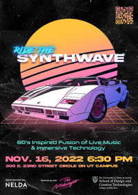 “Ride the Synthwave,” an ‘80s retro-futuristic fusion of live music, interactive games, and immersive technology on Wednesday, Nov. 16, 2022 show poster