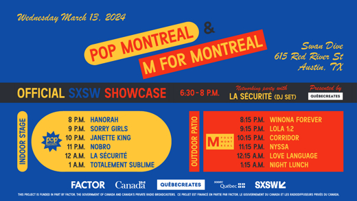 M for Montreal and POP Montreal announce official collaborative music showcase at SXSW on March 13 in Austin