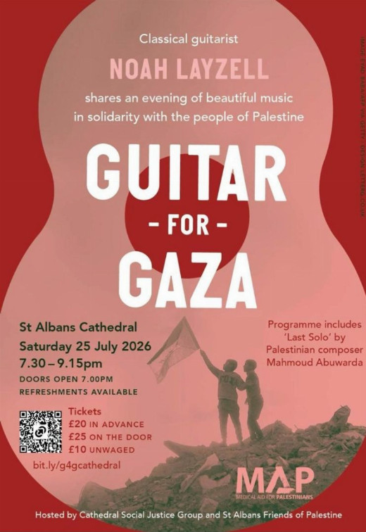 Guitar for Gaza Concert, St Albans, July 2026 in UK Regional