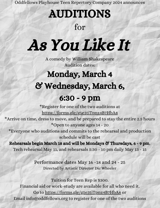Auditions for As You Like It in Connecticut