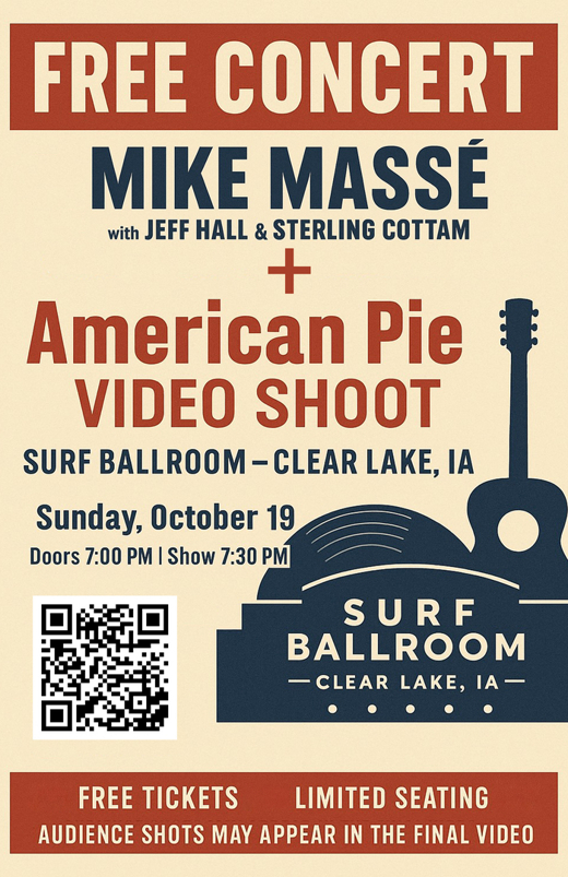 Mike Masse at the Surf Ballroom – FREE CONCERT and 'American Pie' Video Shoot in Des Moines