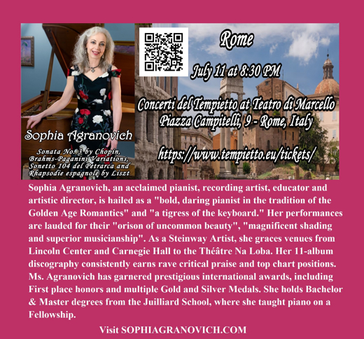 Sophia Agranovich in Romantic Virtuoso Recital in Rome in Italy