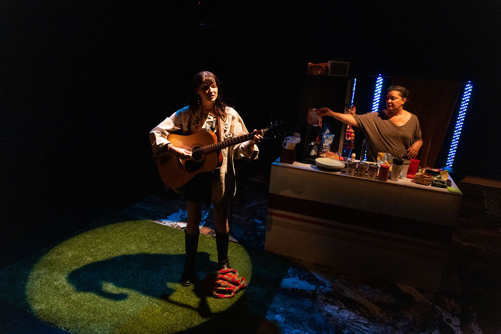 Gates Leonard (Carousel) and Kelly Mares* (Missy) in Pearls for Spurs by Gates Leonard at The Jeffrey and Paula Gural Theatre at the A.R.T./New York Theatres, photo by Whitney Browne Photography, directed by Luke Landric Leonard, produced by Monk Parrots