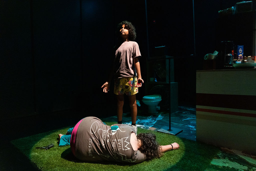 Emperor Kaioyus (Spoon) and Kelly Mares* (Missy) in Pearls for Spurs by Gates Leonard at The Jeffrey and Paula Gural Theatre at the A.R.T./New York Theatres, photo by Whitney Browne Photography, directed by Luke Landric Leonard, produced by Monk Parrots