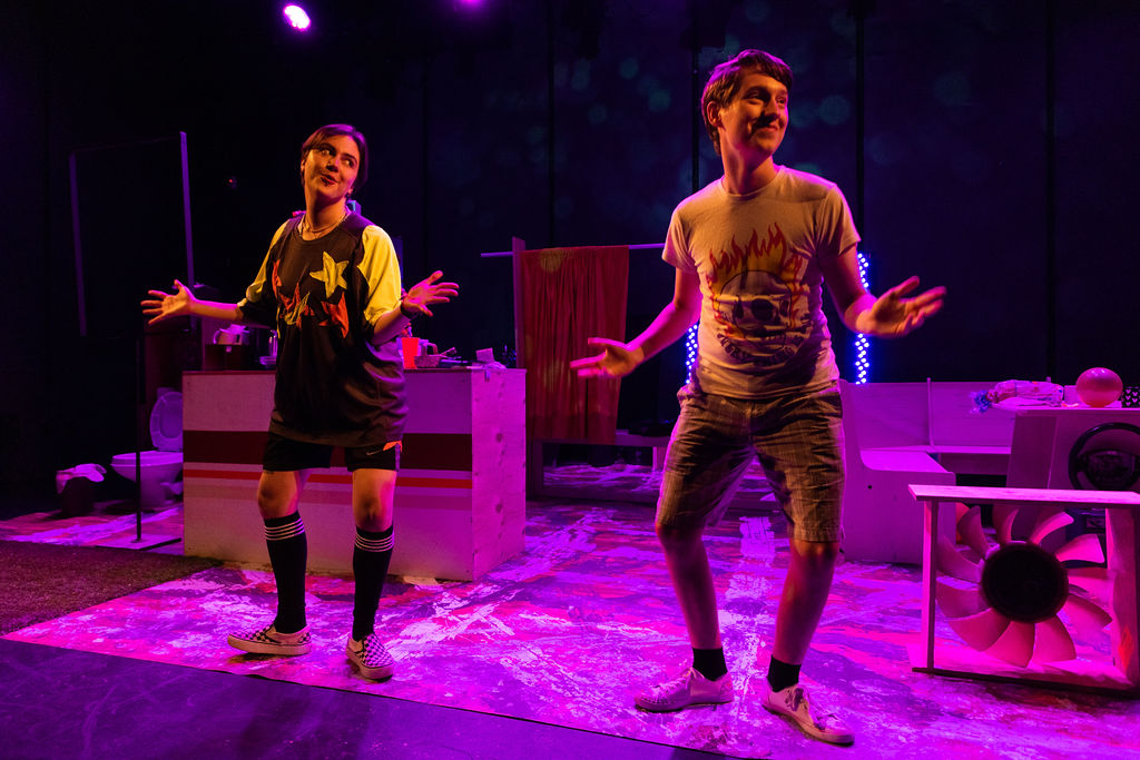 Max Lerin (Bean) and Landyn Pollard (Kill) in Pearls for Spurs by Gates Leonard at The Jeffrey and Paula Gural Theatre at the A.R.T./New York Theatres, photo by Whitney Browne Photography, directed by Luke Landric Leonard, produced by Monk Parrots