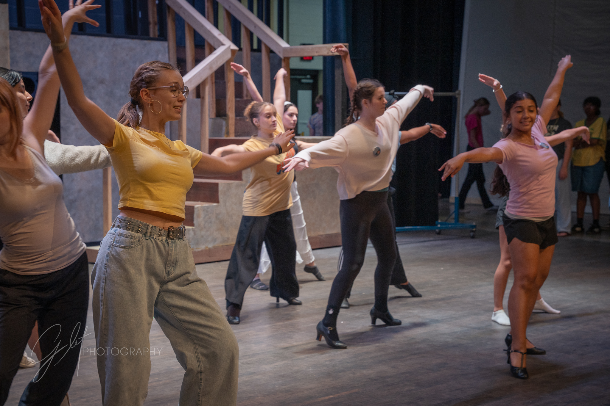 Isabella Smith, Paige Craig, Victoria Ocasio-Lugo, Aoife Cullen, Selina Daniels pose during dance during rehearsal