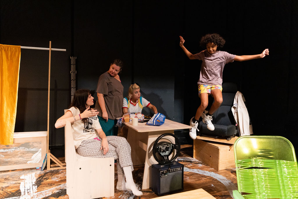 L to R: Gates Leonard (Carousel), Kelly Mares* (Missy), Jennifer Skura Boutell* (Danny), and Emperor Kaioyus (Spoon) in Pearls for Spurs by Gates Leonard at The Jeffrey and Paula Gural Theatre at the A.R.T./New York Theatres, photo by Whitney Browne Photography, directed by Luke Landric Leonard, produced by Monk Parrots