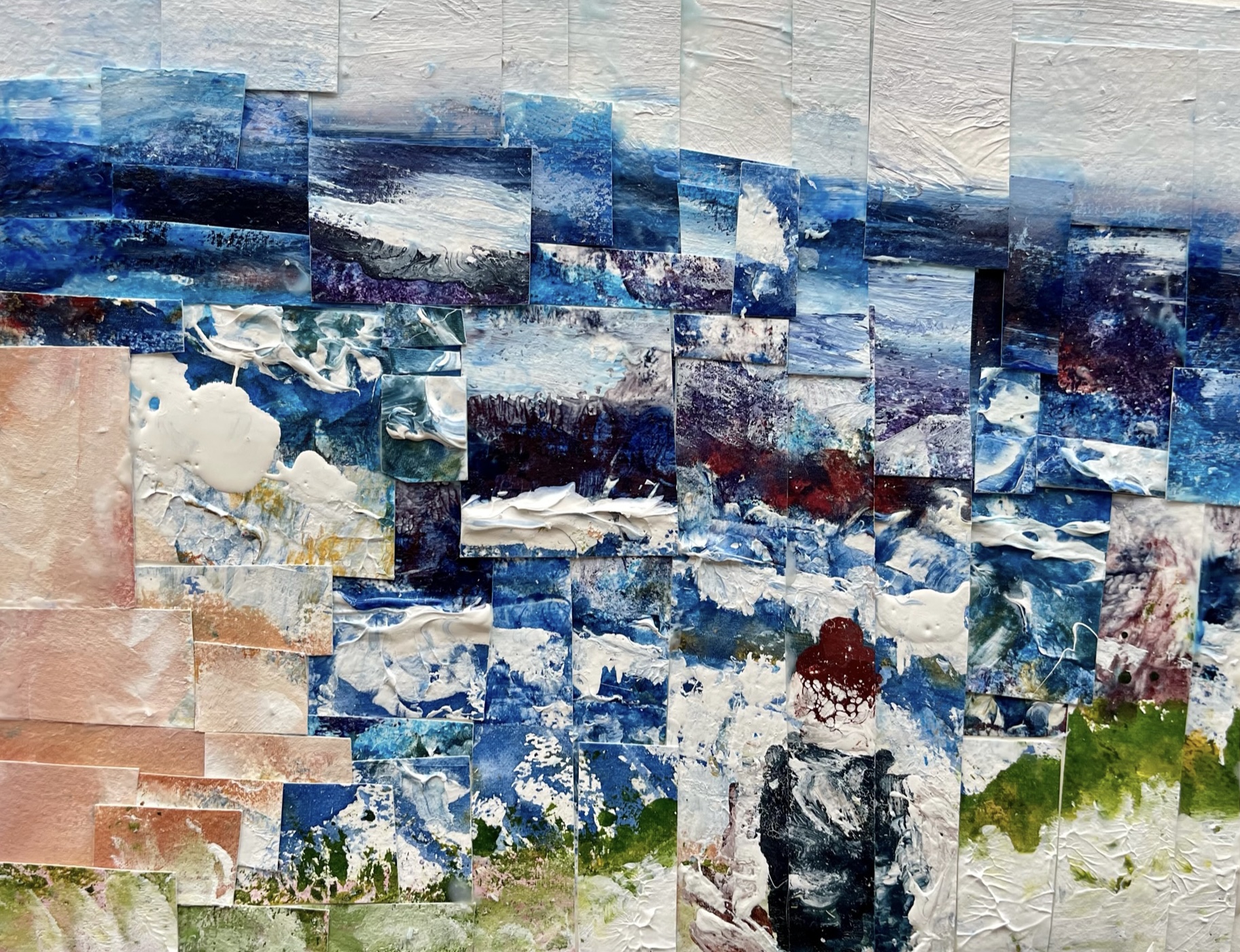 Pietra looking at the sea, Munster Beach KwaZulu Natal, South Africa, Collage, 20cm x 30 cm, Watercolor, acrylic Liquitex, and enamel on paper