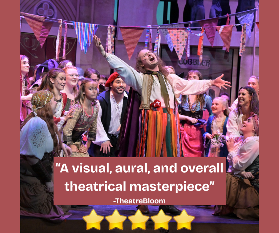 Roman Adolfs as Clopin Trouillfou and the company of The Hunchback of Notre Dame | Photo Credit: Mort Shurman