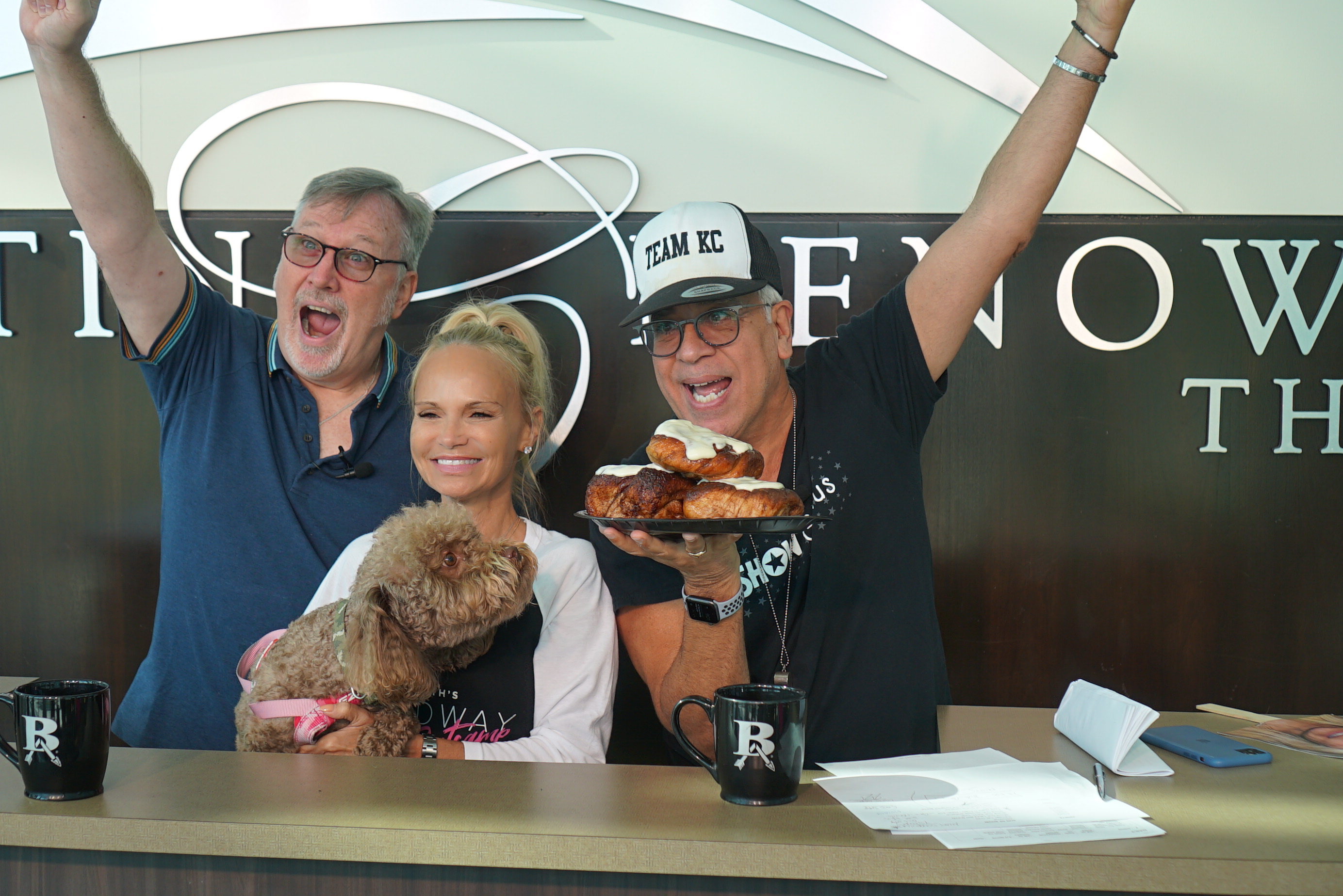 Camp directors Kristin Chenoweth, John McDaniel, and Richard Jay-Alexander wave to the campers with Thunder Pup! Photo Credit: Merrill Mitchell