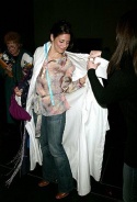 Sara Schmidt presenting the Gypsy Robe to Elena Shaddow, winner for THE WOMAN IN WHIT Photo