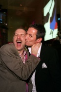Daniel Jenkins gets a peck on the cheek from composer George Stiles Photo