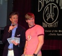 
Jim Caruso and ALTAR BOYZ Boy Scott Porter looking perplexed over the CD giveaway.. Photo