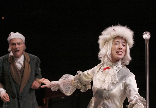 David Pichette as Scrooge and Erika Godwin as Spirit #1 Photo