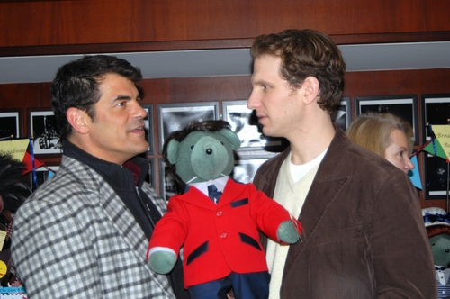 Peter Gregus and Sebastian Arcelus of Jersey Boys with the Frankie Valli Bear Photo