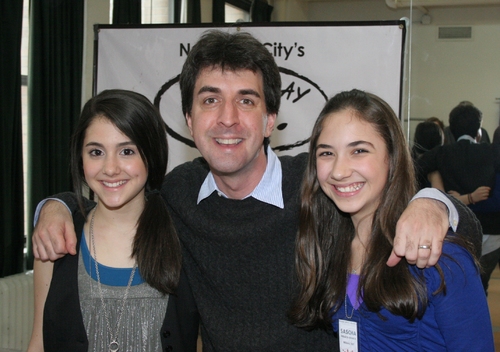Jason Robert Brown with Ariana Grande (14) and Sascha Peralta-Ramos (12), who perform Photo