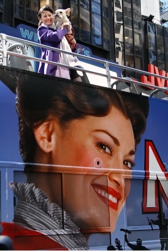 Ashley Brown on top of her bus in Times Square Photo