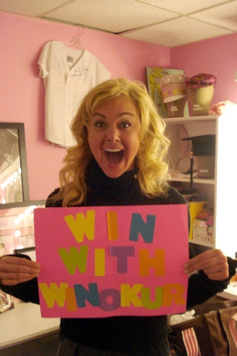 Laura Bell Bundy holding a sign that
a fan (Lisa) brought to Legally Blonde 
 Photo