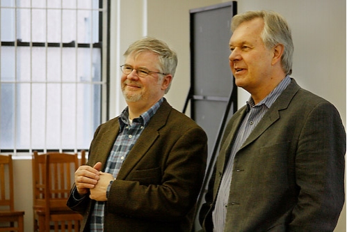 Christopher Durang (Playwright) and Walter Bobbie (Director) watch from the sidelines Photo