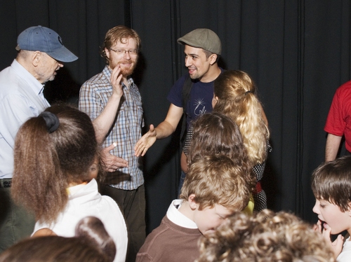 Charles Strouse, Anthony Rapp, Lin-Manuel Miranda and the kids of Camp Broadway Photo