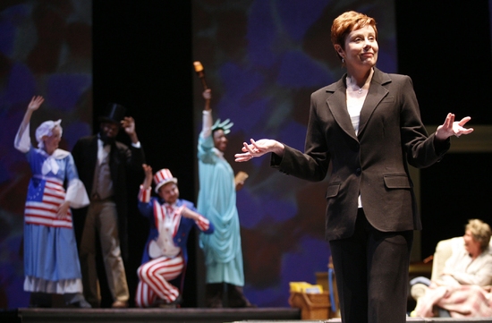 JULIE FISHELL as Lisa Kron (in foreground), ENSEMBLE and BRENDA WEHLE as Ann Kron (Ph Photo