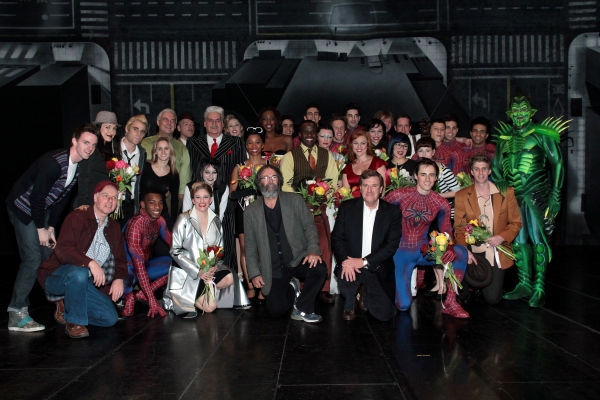 Michael Cohl, Jeremiah Harris and the cast of Spider-Man Turn Off the Dark Photo