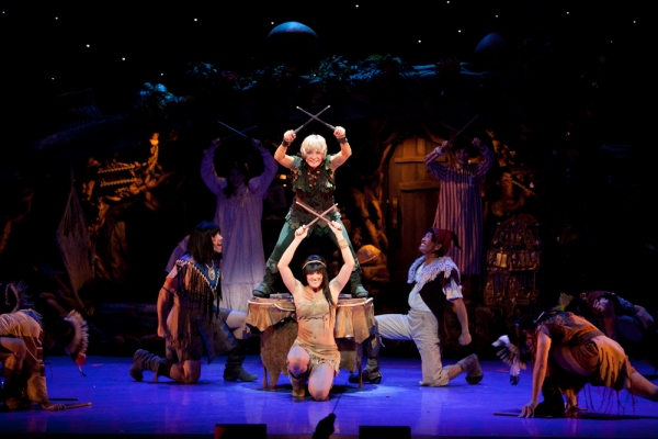 Cathy Rigby as Peter Pan, Jenna Wright as Tiger Lilly, and cast dance during 