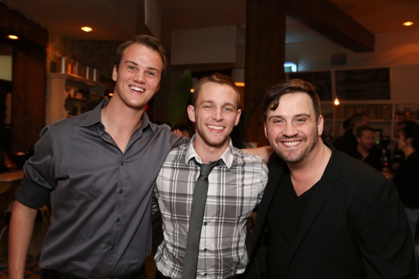 From left, cast members Maxwell Hamilton and Brett Donaldson pose with Playwright Dan Photo