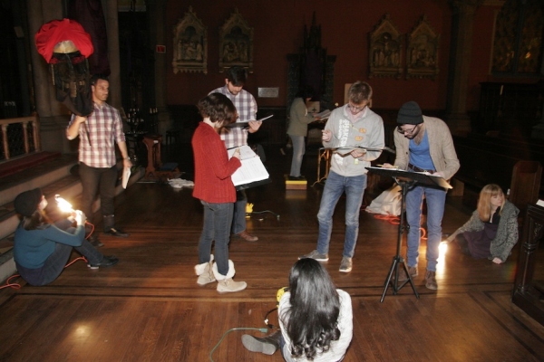  Joseph Bellino (with puppet head of "Judah") and the cast in rehearsal.  Photo credi Photo