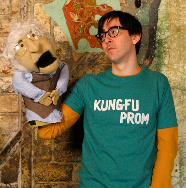 Max Crumm as Christian and his Noam Chomsky puppet Photo