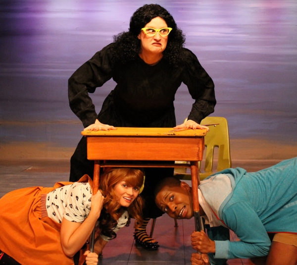 Viola Swamp (Katie Harrison) and her terrified students (Jessica Knapp and Chioke Cor Photo