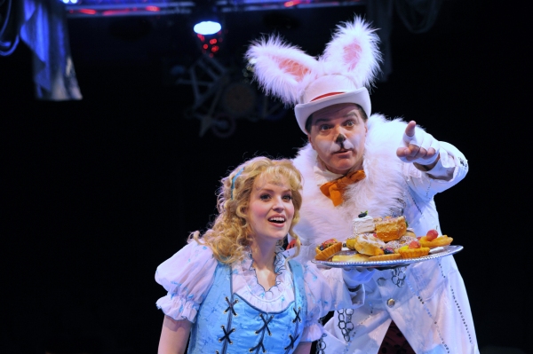 Emily Rohm as Alice and Bernie Yvon as the White Rabbit Photo