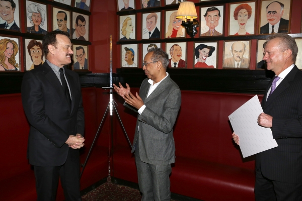Tom Hanks with director George C. Wolfe & Sardi''s managing partner Max Klimavicius  Photo