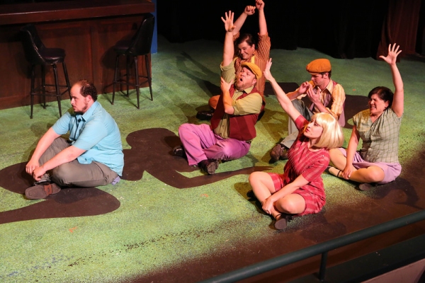 Zachary Allen Farmer as Charles Bukowski, and the cast singing ''Art is Pain'' Photo