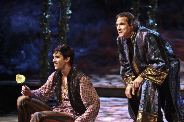 Oberon (Paul Perri) gives Puck (Wyatt Fenner) the anti-dote flower Photo