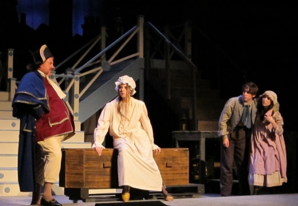 Peter Cormican (Bumble), Rina Sklar (Mrs. Sowerberry), Nathan Ullrich (Noah Claypoole Photo