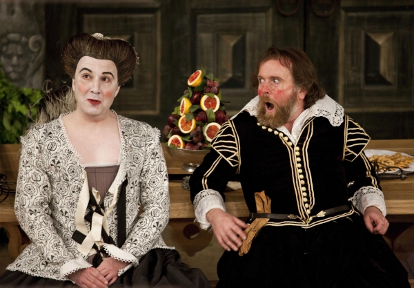 Paul Chahidi as Maria and Colin Hurley as Sir Toby Belch Photo