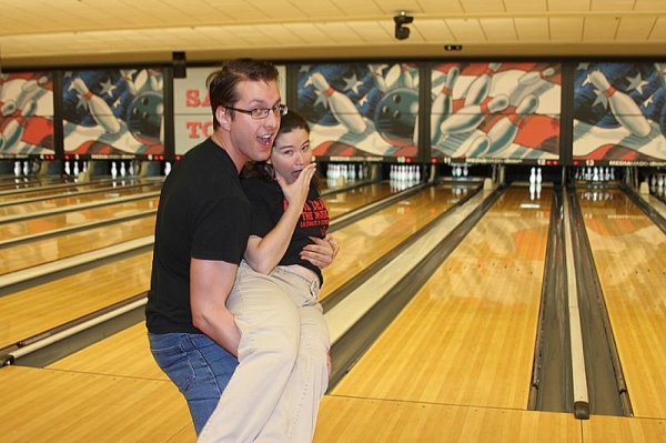 EVIL DEAD stars Ben Stobber and Lorie Palkow have some fun on the lanes Photo
