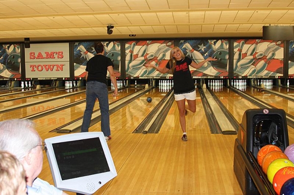 EVIL DEAD stars Ben Stobber (left) and Lynnae Meyers bowling during the tournament Photo