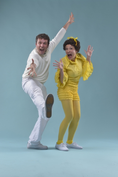 Snoopy (Keith Pinto) and Woodstock (Janine Burgener)  do the ''happy dance'' Photo