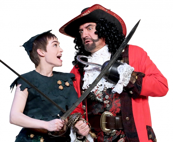Samantha Arneson as Peter Pan and Maxwell Schaeffer as Captain Hook Photo